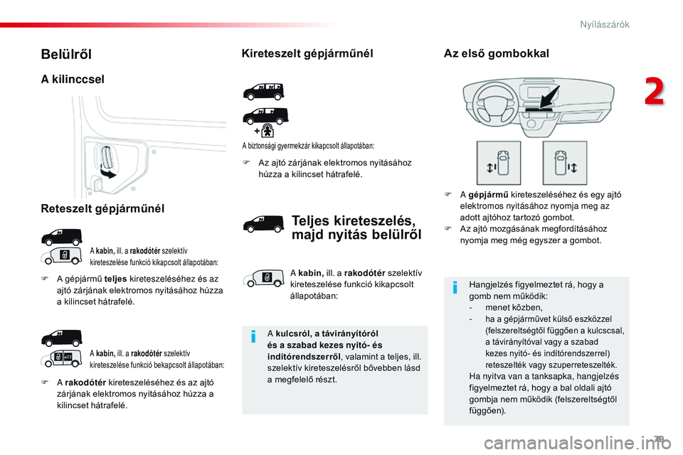 CITROEN JUMPER DISPATCH 2017  Kezelési útmutató (in Hungarian) 79
Jumpy _hu_Chap02_ouvertures_ed01-2016
F A rakodótér  kireteszeléséhez és az ajtó 
zárjának elektromos nyitásához húzza a 
kilincset hátrafelé. F
 
A
 z ajtó zárjának elektromos nyit
