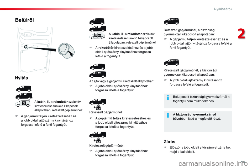 CITROEN JUMPER DISPATCH 2017 Kezelési útmutató (in Hungarian) 93
Jumpy _hu_Chap02_ouvertures_ed01-2016
Bekapcsolt biztonsági gyermekzárnál a
fogantyú nem működőképes.
A biztonsági gyermekzárról
bővebben lásd a megfelelő részt.
Belülről
Nyitás CITROEN JUMPER DISPATCH 2017 Kezelési útmutató (in Hungarian) 93
Jumpy _hu_Chap02_ouvertures_ed01-2016
Bekapcsolt biztonsági gyermekzárnál a
fogantyú nem működőképes.
A biztonsági gyermekzárról
bővebben lásd a megfelelő részt.
Belülről
Nyitás