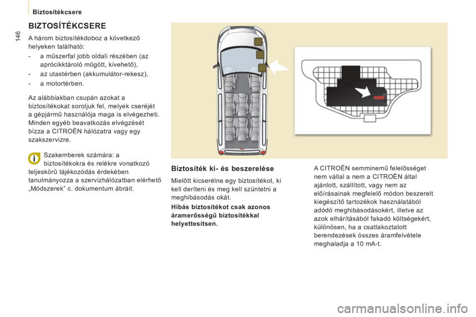 CITROEN JUMPER MULTISPACE 2014 Kezelési útmutató (in Hungarian) 146
Biztosítékcsere
BIZTOSÍTÉKCSERE
A három biztosítékdoboz a következő
helyeken található:
- a műszerfal jobb oldali részében (az
aprócikktároló mögött, kiveh CITROEN JUMPER MULTISPACE 2014 Kezelési útmutató (in Hungarian) 146
Biztosítékcsere
BIZTOSÍTÉKCSERE
A három biztosítékdoboz a következő
helyeken található:
- a műszerfal jobb oldali részében (az
aprócikktároló mögött, kiveh
