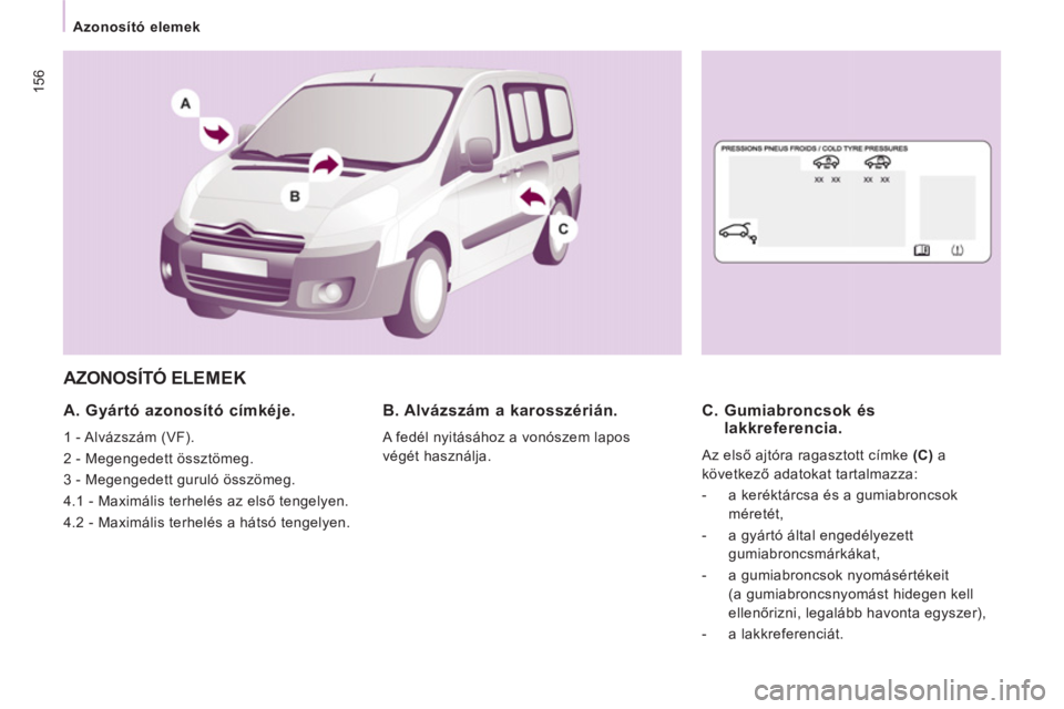 CITROEN JUMPER MULTISPACE 2013  Kezelési útmutató (in Hungarian) 156
   
 
Azonosító elemek  
 
 
AZONOSÍTÓ ELEMEK
 
 
A. Gyártó azonosító címkéje. 
 
1 - Alvázszám (VF). 
  2 - Megengedett össztömeg. 
  3 - Megengedett guruló összömeg. 
  4.1 - Ma