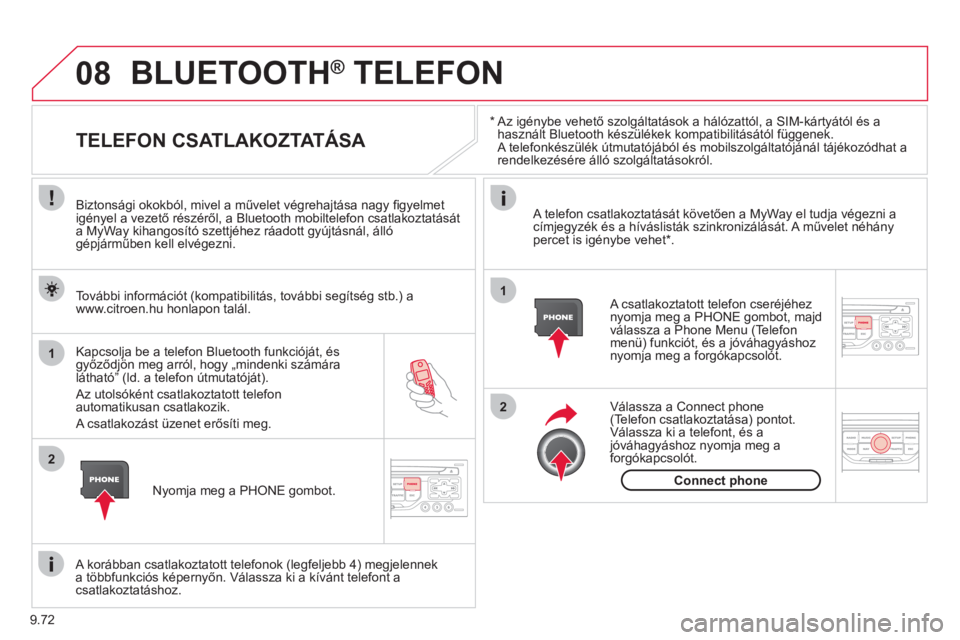 CITROEN JUMPER MULTISPACE 2013  Kezelési útmutató (in Hungarian) 9.72
08
1
2
2
1
   * 
 
  Az igénybe vehető szolgáltatások a hálózattól, a SIM-kártyától és a használt Bluetooth készülékek kompatibilitásától függenek. A telefonkészülék útmuta