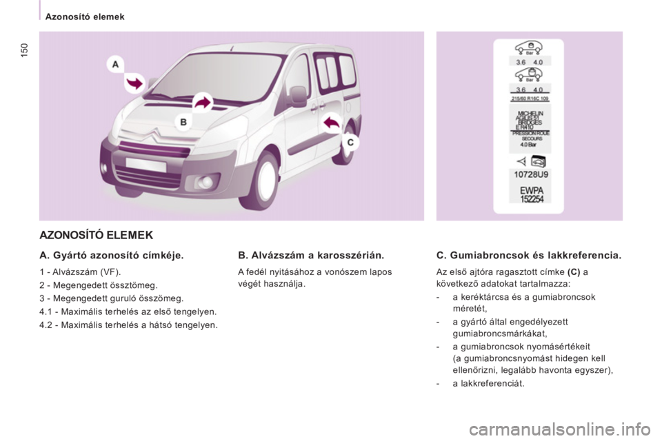 CITROEN JUMPER MULTISPACE 2012  Kezelési útmutató (in Hungarian) 150
   
 
Azonosító elemek  
 
 
AZONOSÍTÓ ELEMEK
 
 
A. Gyártó azonosító címkéje. 
 
1 - Alvázszám (VF). 
  2 - Megengedett össztömeg. 
  3 - Megengedett guruló összömeg. 
  4.1 - Ma