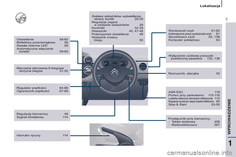 CITROEN BERLINGO MULTISPACE 2017  Instrukcja obsługi (in Polish) 11
Berlingo2VP_pl_Chap01_vue-ensemble_ed02-2016
Regulator prędkości  64-66
Ogranicznik prędkości   67-69
Oświetlenie 
 
58-60
Reflektory przeciwmgłowe 
  
59
Światła dzienne LED 
  
59
Automat