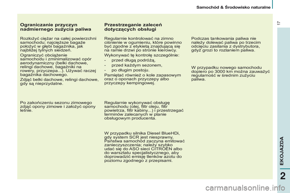 CITROEN BERLINGO MULTISPACE 2017  Instrukcja obsługi (in Polish) 17
Berlingo2VP_pl_Chap02_eco-conduite_ed02-2016
Ograniczanie przyczyn 
nadmiernego zużycia paliwa
Rozłożyć ciężar na całej powierzchni 
samochodu; najcięższe bagaże 
położyć w głębi bag