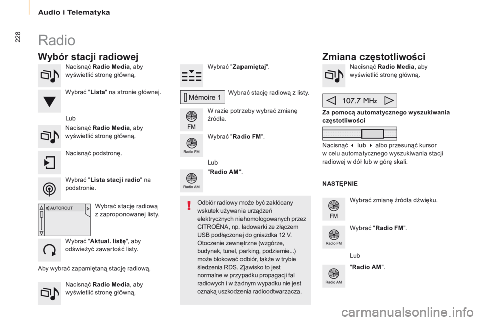 CITROEN BERLINGO MULTISPACE 2017  Instrukcja obsługi (in Polish) 228
Berlingo2VP_pl_Chap10a_SMEGplus_ed02-2016
Nacisnąć Radio Media, aby 
wyświetlić stronę główną.
Nacisnąć Radio Media , aby 
wyświetlić stronę główną. Wybrać "
Zapamiętaj "