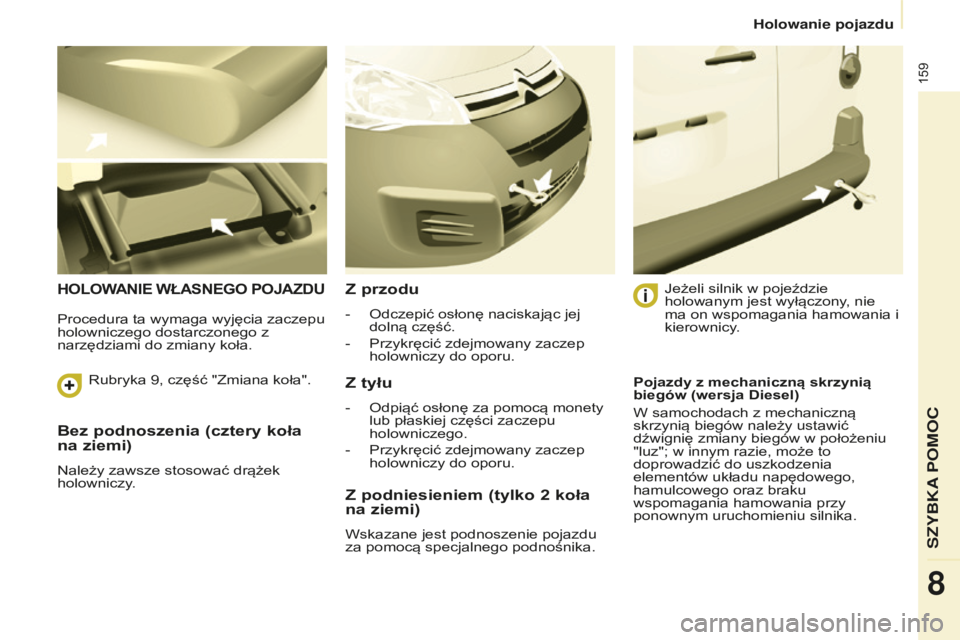 CITROEN BERLINGO ELECTRIC 2017  Instrukcja obsługi (in Polish) 159
berlingo-2-Vu_pl_chap08_aide rapide_ed01-2015berlingo-2-Vu_pl_chap08_aide rapide_ed01-2015
Bez podnoszenia (cztery koła 
na ziemi)
należy zawsze stosować drążek 
holowniczy .
hOLOWANIE WŁASN