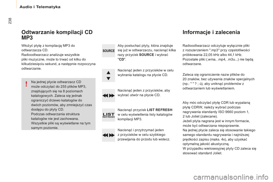 CITROEN BERLINGO ELECTRIC 2017 Instrukcja obsługi (in Polish) 238
berlingo-2-V u_pl_ chap10b_ rD45_ed01-2015
radioodtwarzacz odczytuje wyłącznie pliki
z rozszerzeniem ".mp3" przy częstotliwości
próbkowania 22,05
kHz albo 44,1 kHz.
Pozostałe CITROEN BERLINGO ELECTRIC 2017 Instrukcja obsługi (in Polish) 238
berlingo-2-V u_pl_ chap10b_ rD45_ed01-2015
radioodtwarzacz odczytuje wyłącznie pliki
z rozszerzeniem ".mp3" przy częstotliwości
próbkowania 22,05
kHz albo 44,1 kHz.
Pozostałe
