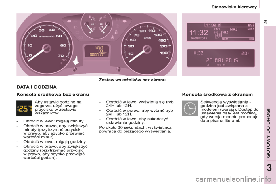 CITROEN BERLINGO ELECTRIC 2017  Instrukcja obsługi (in Polish) 29
BERLINGO-2-Vu_PL_ChAP03_PRET-A-PARTIR_ED01-2015BERLINGO-2-Vu_PL_ChAP03_PRET-A-PARTIR_ED01-2015
Konsola środkowa z ekranem
Zestaw wskaźników bez ekranu
-   o brócić w lewo: wyświetla się tryb