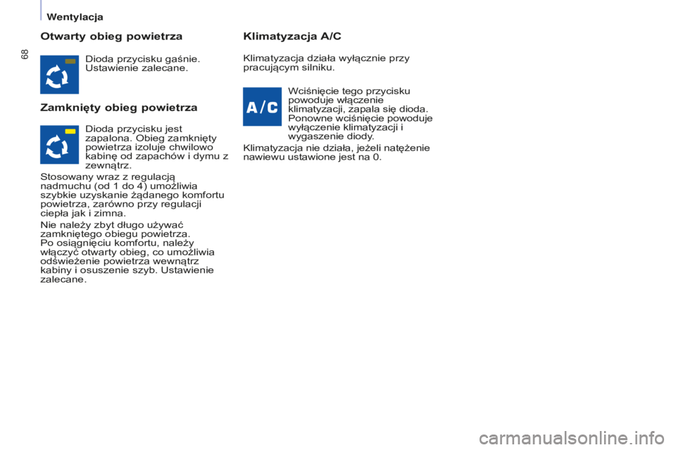 CITROEN BERLINGO ELECTRIC 2017  Instrukcja obsługi (in Polish) 68
Berlingo-2-VU_pl_Chap04_Ergonomie_ed01-2015Berlingo-2-VU_pl_Chap04_Ergonomie_ed01-2015
Otwarty obieg powietrza
Zamknięty obieg powietrzaKlimatyzacja A/C
Dioda przycisku gaśnie. u
stawienie zaleca