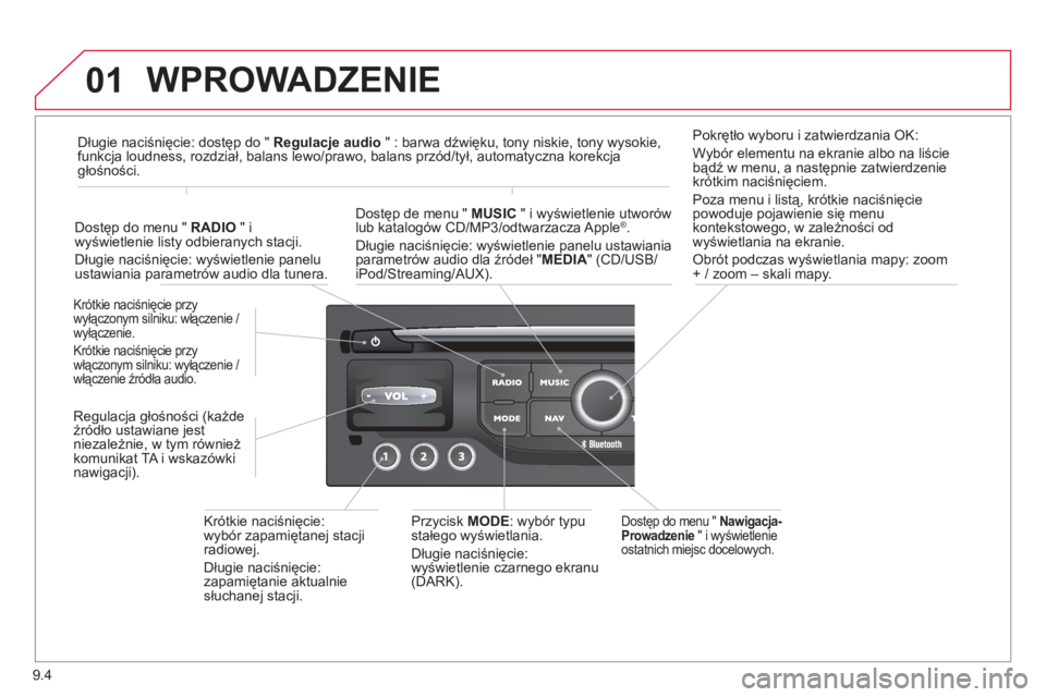 CITROEN BERLINGO ELECTRIC 2015  Instrukcja obsługi (in Polish) 9.4
01  WPROWADZENIE 
 
 Dostęp do menu " Nawigacja-Prowadzenie" i wyświetlenie ostatnich miejsc docelowych.   Krótkie naciśnięcie przy
wyłączonym silniku: włączenie 
/ 
wyłączenie. 
Kr
ót