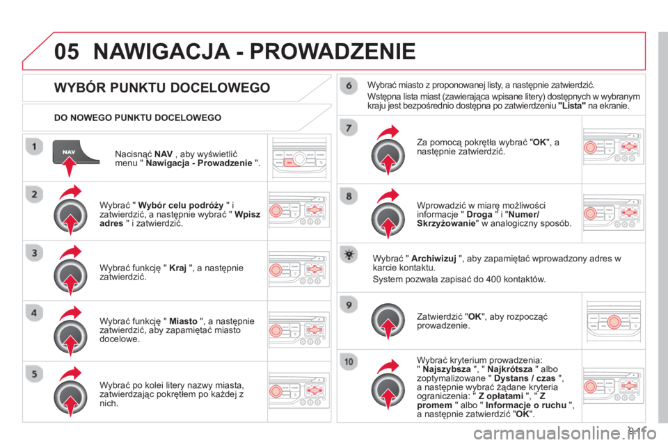 CITROEN BERLINGO ELECTRIC 2015 Instrukcja obsługi (in Polish) 9.11
05
Nacisnąć NAV
, aby wyświetlić
menu " Nawigacja - Prowadzenie".
DO NOWEGO PUNKTU DOCELOWEGO
NAWIGACJA - PROWADZENIE
WYBÓR PUNKTU DOCELOWEGO
Wybrać " Wy CITROEN BERLINGO ELECTRIC 2015 Instrukcja obsługi (in Polish) 9.11
05
Nacisnąć NAV
, aby wyświetlić
menu " Nawigacja - Prowadzenie".
DO NOWEGO PUNKTU DOCELOWEGO
NAWIGACJA - PROWADZENIE
WYBÓR PUNKTU DOCELOWEGO
Wybrać " Wy