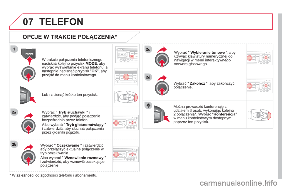 CITROEN BERLINGO ELECTRIC 2015 Instrukcja obsługi (in Polish) 9.35
07TELEFON
OPCJE W TRAKCIE POŁĄCZENIA *
W trakcie połączenia telefonicznego,naciskać kolejno przycisk MODE, aby
wybrać wyświetlanie ekranu telefonu, anastępnie nacisnąć przycisk CITROEN BERLINGO ELECTRIC 2015 Instrukcja obsługi (in Polish) 9.35
07TELEFON
OPCJE W TRAKCIE POŁĄCZENIA *
W trakcie połączenia telefonicznego,naciskać kolejno przycisk MODE, aby
wybrać wyświetlanie ekranu telefonu, anastępnie nacisnąć przycisk