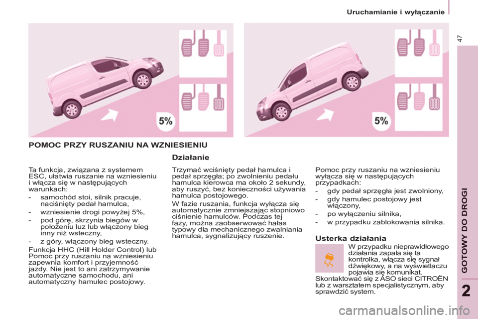 CITROEN BERLINGO ELECTRIC 2015  Instrukcja obsługi (in Polish)    
 
Uruchamianie i wyłączanie  
 
47
GOTOWY DO DROGI
 
POMOC PRZY RUSZANIU NA WZNIESIENIU 
   
Działanie 
 
Trzymać wciśnięty pedał hamulca i 
pedał sprzęgła; po zwolnieniu pedału 
hamulc