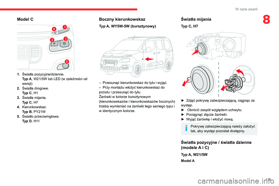 CITROEN BERLINGO VAN 2021  Instrukcja obsługi (in Polish) 175
W razie awarii
8Model C 
 
1.Światła pozycyjne/dzienne.
Typ A, W21/5W lub LED (w zależności od 
wersji)
2. Światła drogowe.
Typ C, H1
3. Światła mijania.
Typ C, H7
4. Kierunkowskaz.
Typ B,