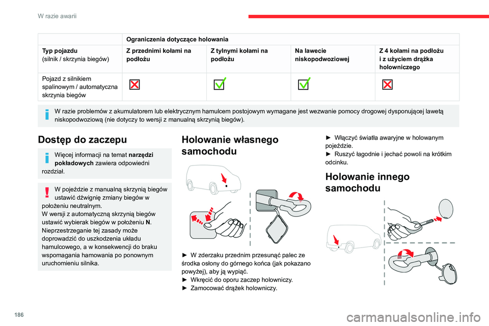 CITROEN BERLINGO VAN 2021 Instrukcja obsługi (in Polish) 186
W razie awarii
Ograniczenia dotyczące holowania
Typ pojazdu
(silnik / skrzynia biegów) Z przednimi kołami na
podłożuZ tylnymi kołami na
podłożuNa lawecie
niskopodwoziowejZ 4 kołami na CITROEN BERLINGO VAN 2021 Instrukcja obsługi (in Polish) 186
W razie awarii
Ograniczenia dotyczące holowania
Typ pojazdu
(silnik / skrzynia biegów) Z przednimi kołami na
podłożuZ tylnymi kołami na
podłożuNa lawecie
niskopodwoziowejZ 4 kołami na