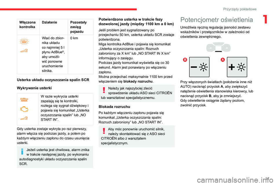 CITROEN BERLINGO VAN 2021 Instrukcja obsługi (in Polish) 21
Przyrządy pokładowe
1Włączona
kontrolkaDziałanie Pozostały
zasięg
pojazdu
Wlać do zbior-
nika układu
co najmniej 5
l
płynu AdBlue
®,
aby umożli-
wić ponowne
uruchomienie
CITROEN BERLINGO VAN 2021 Instrukcja obsługi (in Polish) 21
Przyrządy pokładowe
1Włączona
kontrolkaDziałanie Pozostały
zasięg
pojazdu
Wlać do zbior-
nika układu
co najmniej 5
l
płynu AdBlue
®,
aby umożli-
wić ponowne
uruchomienie