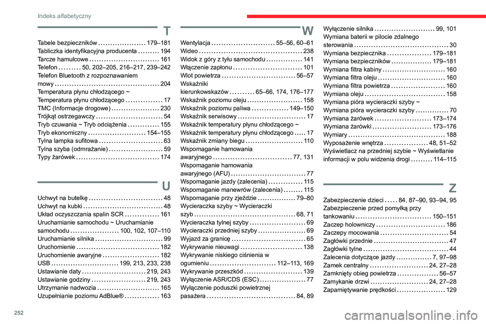 CITROEN BERLINGO VAN 2021 Instrukcja obsługi (in Polish) 252
Indeks alfabetyczny
T
Tabele bezpieczników 179–181
Tabliczka identyfikacyjna producenta
194
Tarcze hamulcowe
161
Telefon
50, 202–205, 216–217, 239–242
Telefon Bluetooth CITROEN BERLINGO VAN 2021 Instrukcja obsługi (in Polish) 252
Indeks alfabetyczny
T
Tabele bezpieczników 179–181
Tabliczka identyfikacyjna producenta
194
Tarcze hamulcowe
161
Telefon
50, 202–205, 216–217, 239–242
Telefon Bluetooth