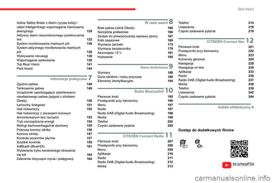 CITROEN BERLINGO VAN 2021 Instrukcja obsługi (in Polish) 3
Spis treści
bit.ly/helpPSA
Active Safety Brake z Alarm ryzyka kolizji i
układ inteligentnego wspomagania hamowania
awaryjnego
129
Aktywny alarm niezamierzonego przekroczenia
lin CITROEN BERLINGO VAN 2021 Instrukcja obsługi (in Polish) 3
Spis treści
bit.ly/helpPSA
Active Safety Brake z Alarm ryzyka kolizji i
układ inteligentnego wspomagania hamowania
awaryjnego
129
Aktywny alarm niezamierzonego przekroczenia
lin