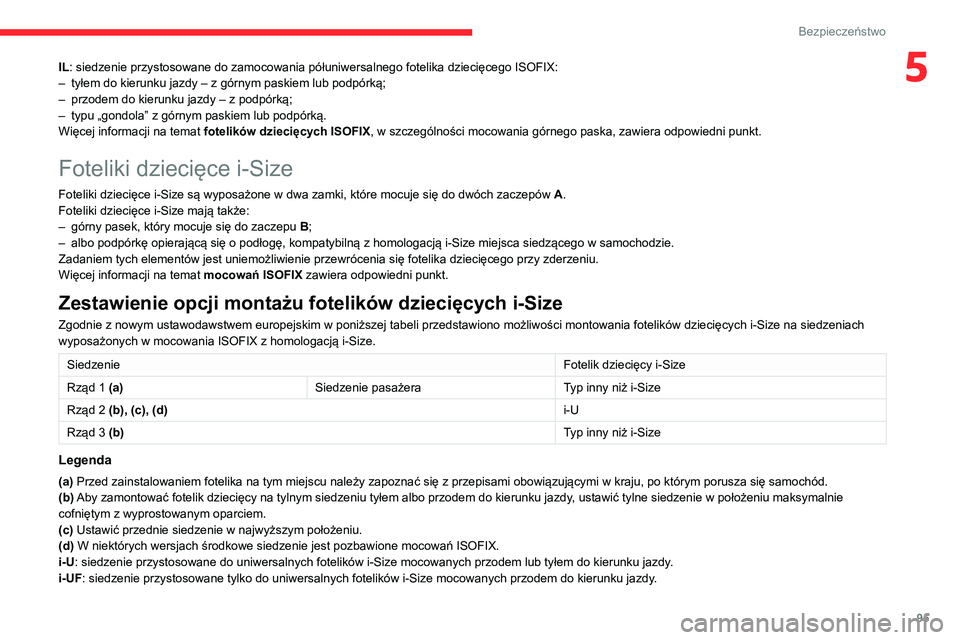 CITROEN BERLINGO VAN 2021 Instrukcja obsługi (in Polish) 95
Bezpieczeństwo
5IL: siedzenie przystosowane do zamocowania półuniwersalnego fotelika dziecięcego ISOFIX:
– tyłem do kierunku jazdy – z górnym paskiem lub podpórką;
–
przodem do kier CITROEN BERLINGO VAN 2021 Instrukcja obsługi (in Polish) 95
Bezpieczeństwo
5IL: siedzenie przystosowane do zamocowania półuniwersalnego fotelika dziecięcego ISOFIX:
– tyłem do kierunku jazdy – z górnym paskiem lub podpórką;
–
przodem do kier