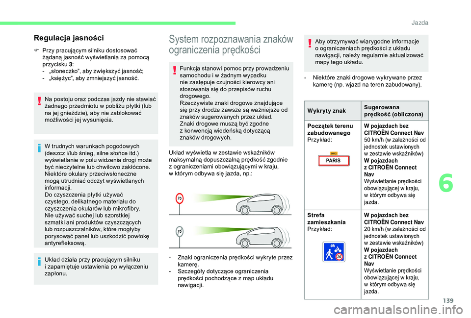CITROEN BERLINGO VAN 2019 Instrukcja obsługi (in Polish) 139
System rozpoznawania znaków
ograniczenia prędkości
Funkcja stanowi pomoc przy prowadzeniu
samochodu i w żadnym wypadku
nie zastępuje czujności kierowcy ani
stosowania się do przepisów CITROEN BERLINGO VAN 2019 Instrukcja obsługi (in Polish) 139
System rozpoznawania znaków
ograniczenia prędkości
Funkcja stanowi pomoc przy prowadzeniu
samochodu i w żadnym wypadku
nie zastępuje czujności kierowcy ani
stosowania się do przepisów