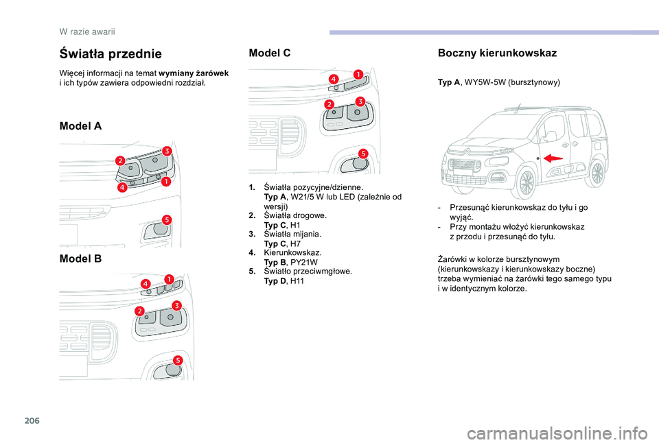 CITROEN BERLINGO VAN 2019 Instrukcja obsługi (in Polish) 206
Model A
Model BModel C
Boczny kierunkowskaz
Typ A, W Y5W-5W (bursztynowy)
-
P
rzesunąć kierunkowskaz do tyłu i go
wyjąć.
-
P
rzy montażu włożyć kierunkowskaz
z
przodu i prze CITROEN BERLINGO VAN 2019 Instrukcja obsługi (in Polish) 206
Model A
Model BModel C
Boczny kierunkowskaz
Typ A, W Y5W-5W (bursztynowy)
-
P
rzesunąć kierunkowskaz do tyłu i go
wyjąć.
-
P
rzy montażu włożyć kierunkowskaz
z
przodu i prze