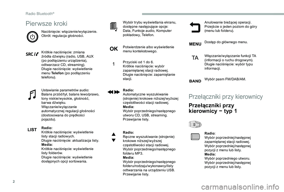 CITROEN BERLINGO VAN 2019 Instrukcja obsługi (in Polish) 2
Pierwsze kroki
Naciśnięcie: włączenie/wyłączenie.
Obrót: regulacja głośności.
Krótkie naciśnięcie: zmiana
źródła dźwięku (radio, USB, AUX
(po podłączeniu urządzenia),
odtwarz CITROEN BERLINGO VAN 2019 Instrukcja obsługi (in Polish) 2
Pierwsze kroki
Naciśnięcie: włączenie/wyłączenie.
Obrót: regulacja głośności.
Krótkie naciśnięcie: zmiana
źródła dźwięku (radio, USB, AUX
(po podłączeniu urządzenia),
odtwarz
