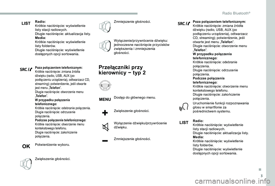 CITROEN BERLINGO VAN 2019 Instrukcja obsługi (in Polish) 3
Radio:
Krótkie naciśnięcie: wyświetlenie
listy stacji radiowych.
Długie naciśnięcie: aktualizacja listy.
Media:
Krótkie naciśnięcie: wyświetlenie
listy folderów.
Długie naciśnięcie: CITROEN BERLINGO VAN 2019 Instrukcja obsługi (in Polish) 3
Radio:
Krótkie naciśnięcie: wyświetlenie
listy stacji radiowych.
Długie naciśnięcie: aktualizacja listy.
Media:
Krótkie naciśnięcie: wyświetlenie
listy folderów.
Długie naciśnięcie:
