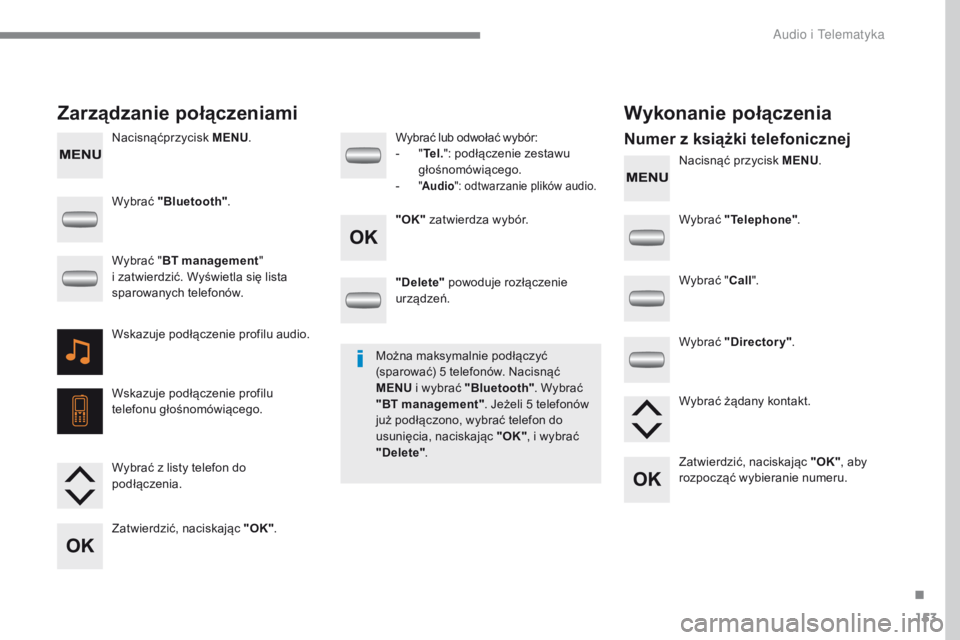 CITROEN C-ZERO 2017 Instrukcja obsługi (in Polish) 153
C-Zero_pl_Chap10a_RDE2_ed01-2016
Nacisnąćprzycisk MENU.
Nacisnąć przycisk MENU.
Zarządzanie połączeniami Wykonanie połączenia
Numer z książki telefonicznej
Wybrać "Bluetooth" . CITROEN C-ZERO 2017 Instrukcja obsługi (in Polish) 153
C-Zero_pl_Chap10a_RDE2_ed01-2016
Nacisnąćprzycisk MENU.
Nacisnąć przycisk MENU.
Zarządzanie połączeniami Wykonanie połączenia
Numer z książki telefonicznej
Wybrać "Bluetooth" .