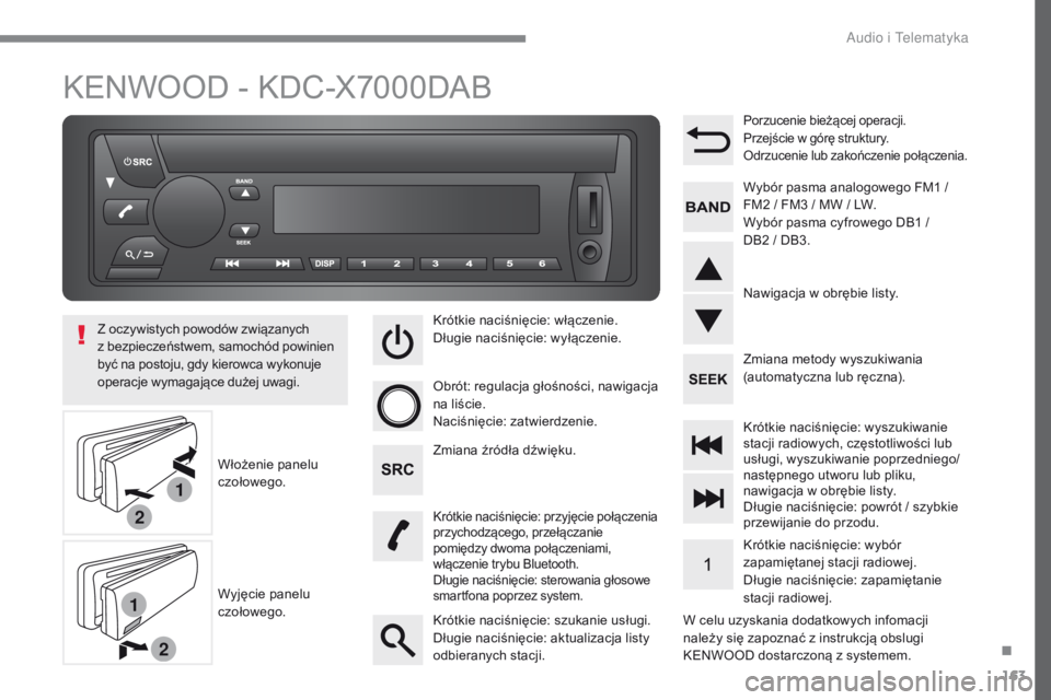 CITROEN C-ZERO 2017 Instrukcja obsługi (in Polish) 1
2
1
2
163
C-Zero_pl_Chap10b_KENWOOD_ed01-2016
KENWOOD - KDC-X7000DAB
W celu uzyskania dodatkowych infomacji
należy się zapoznać z instrukcją obslugi
KENWOOD dostarczoną z systemem.
Z oczywist CITROEN C-ZERO 2017 Instrukcja obsługi (in Polish) 1
2
1
2
163
C-Zero_pl_Chap10b_KENWOOD_ed01-2016
KENWOOD - KDC-X7000DAB
W celu uzyskania dodatkowych infomacji
należy się zapoznać z instrukcją obslugi
KENWOOD dostarczoną z systemem.
Z oczywist