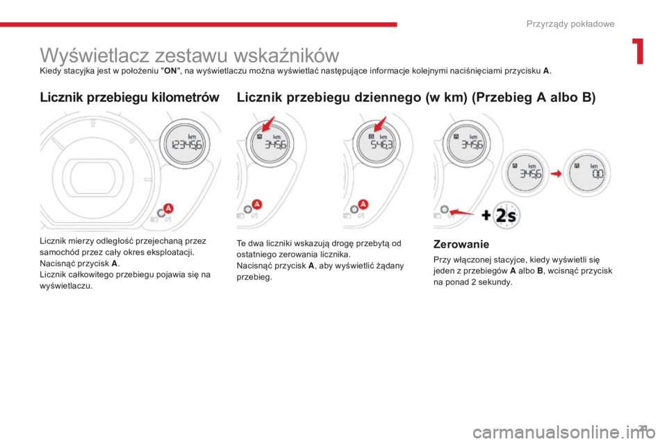CITROEN C-ZERO 2017 Instrukcja obsługi (in Polish) 21
C-Zero_pl_Chap01_instruments-de-bord_ed01-2016
Wyświetlacz zestawu wskaźnikówKiedy stacyjka jest w położeniu "ON", na wyświetlaczu można wyświetlać następujące informacje kolejny CITROEN C-ZERO 2017 Instrukcja obsługi (in Polish) 21
C-Zero_pl_Chap01_instruments-de-bord_ed01-2016
Wyświetlacz zestawu wskaźnikówKiedy stacyjka jest w położeniu "ON", na wyświetlaczu można wyświetlać następujące informacje kolejny