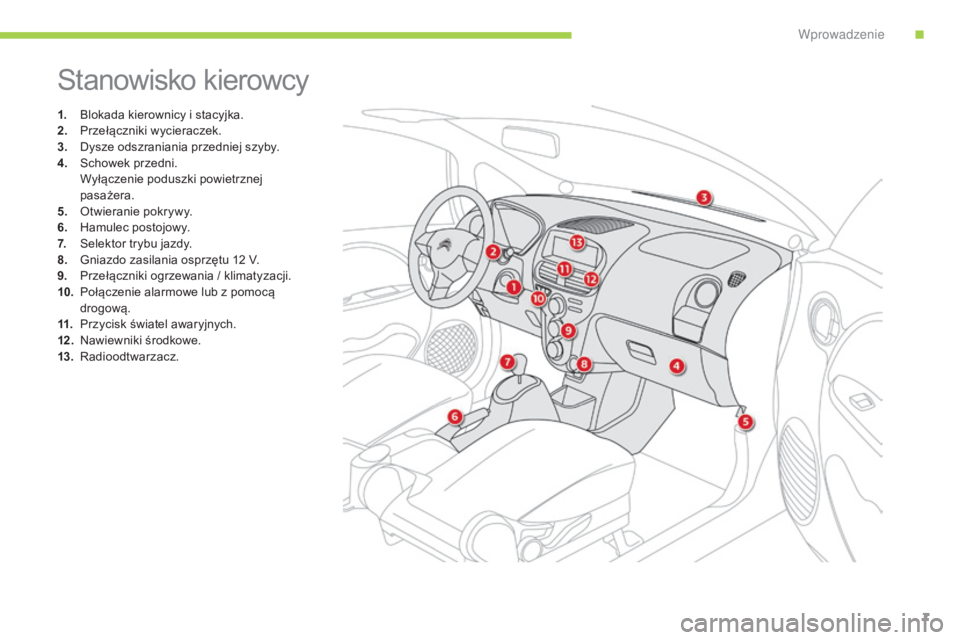 CITROEN C-ZERO 2016  Instrukcja obsługi (in Polish) 7
c-zero_pl_ chap00b_vue-ensemble_ed01-2014
stanowisko kierowcy
1. blokada kierownicy i stacyjka.
2. P
rzełączniki wycieraczek.
3.
 D

ysze odszraniania przedniej szyby.
4.
 

s
c
 howek przedni.
 W