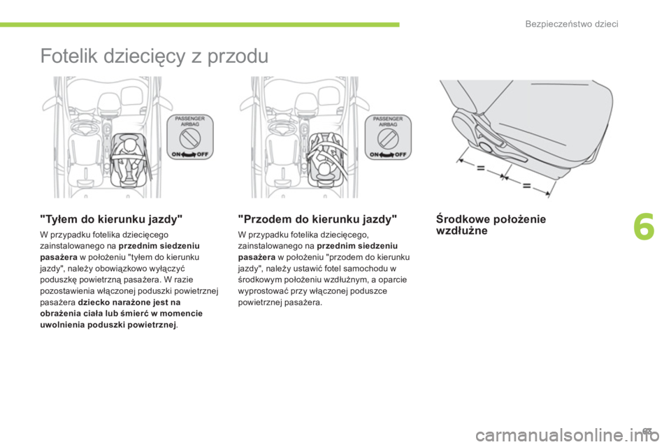 CITROEN C-ZERO 2014  Instrukcja obsługi (in Polish) 6
Bezpieczeństwo dzieci
63
  Fotelik dziecięcy z przodu  
 
 
"Tyłem do kierunku jazdy" 
 
W przypadku fotelika dziecięcego 
zainstalowanego na przednim siedzeniu pasażeraw położeniu "tyłem do