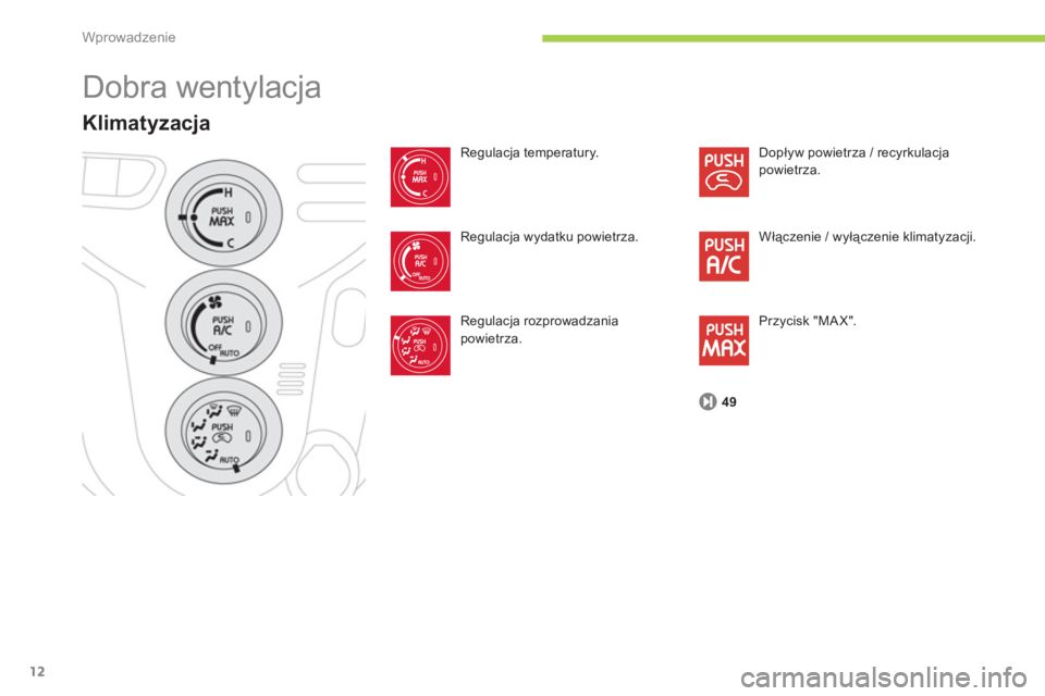 CITROEN C-ZERO 2012  Instrukcja obsługi (in Polish) Wprowadzenie
12
  Dobra wentylacja 
Klimatyzacja
Regulacja temperatury.
Re
gulacja wydatku powietrza.
Re
gulacja rozprowadzania powietrza. Dopływ powietrza 
/ recyrkulacjapowietrza. 
Włączenie / wy