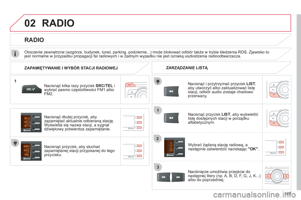 CITROEN C-ZERO 2012  Instrukcja obsługi (in Polish) 02
1
1
2
3
129
RADIO 
Nacisnąć kilka razy przyciskSRC/TELi 
wybrać pasmo częstotliwości FM1 alboFM2.
Nacisnąć przycisk, aby słuchać 
zapamiętanej stacji przypisanej do tego 
prz
ycisku.Wybra
