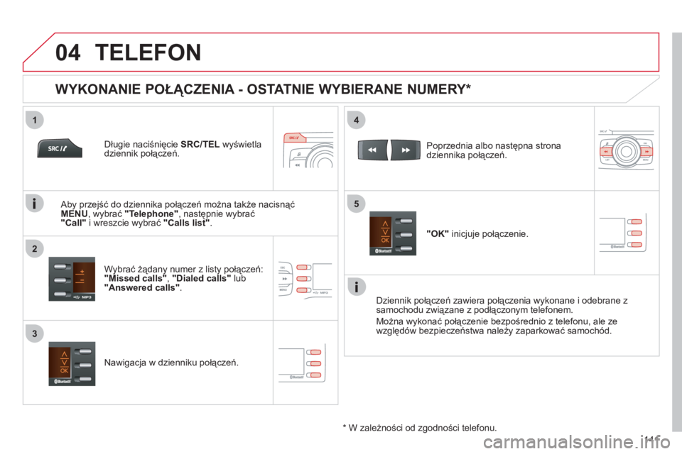 CITROEN C-ZERO 2012  Instrukcja obsługi (in Polish)  
  
1
2
4
5
3
04
141
TELEFON 
   
Długie naciśnięcie SRC/TEL wyświetla 
dziennik połączeń.  
   
Wybra
ć żądany numer z listy połączeń:"Missed calls","Dialed calls"lub "Answered calls".
