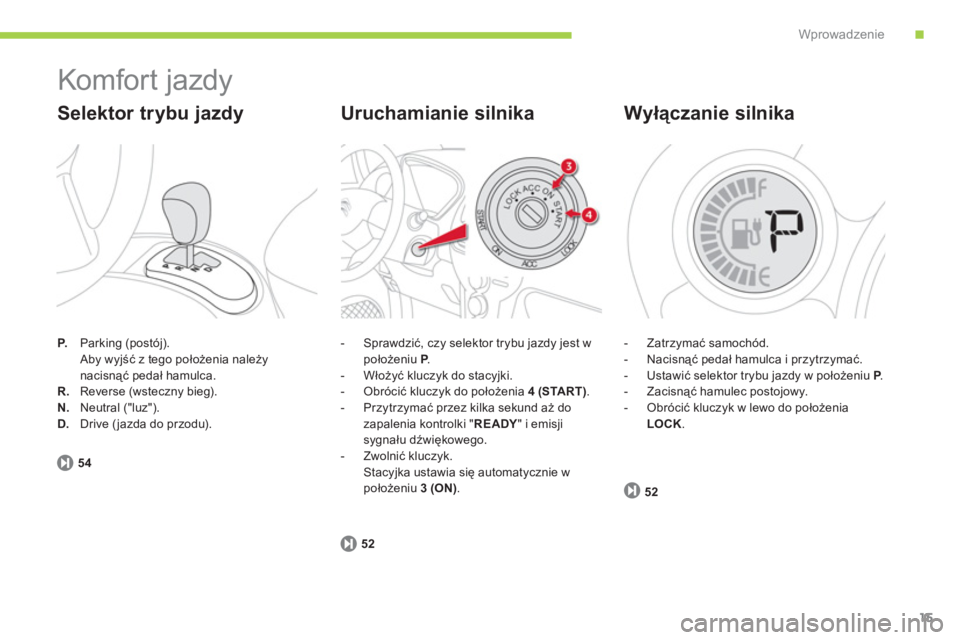 CITROEN C-ZERO 2012  Instrukcja obsługi (in Polish) .Wprowadzenie
15
  Komfort jazdy 
P. 
   Parking (postój).  
 Aby wyjść z tego położenia należy nacisnąć pedał hamulca. R. Reverse (wsteczny bieg).N. 
   Neutral ("luz"). D. Drive (jazda do p