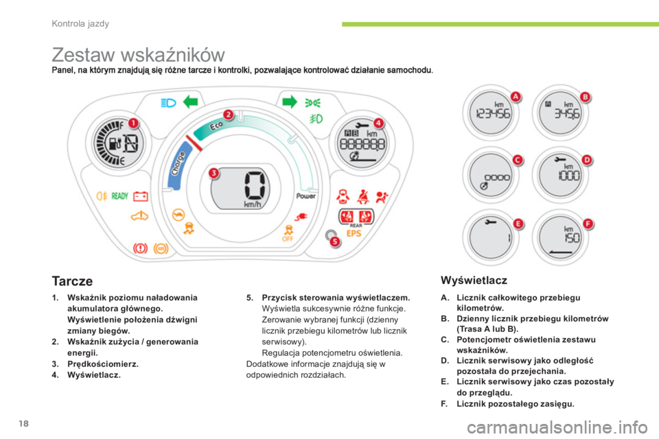 CITROEN C-ZERO 2012  Instrukcja obsługi (in Polish) Kontrola jazdy
18
   
 
 
 
 
 
 
 
Zestaw wskaźników 
1.Wskaźnik poziomu naładowania akumulatora głównego.  
Wyświetlenie położenia dźwigni 
zmiany biegów.2.    Wskaźnik zużycia / genero