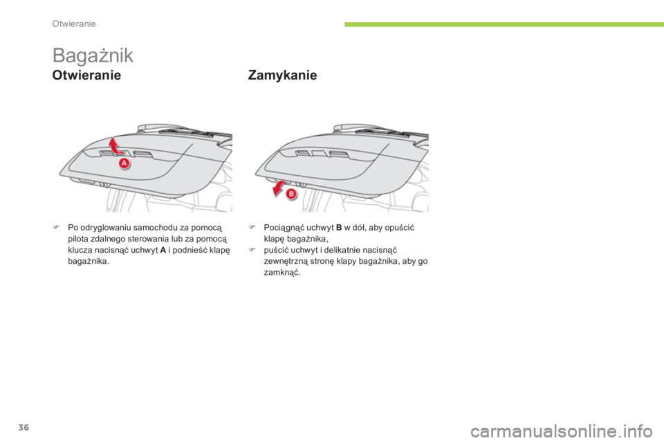 CITROEN C-ZERO 2012  Instrukcja obsługi (in Polish) Otwieranie
36
   
 
 
 
 
 
 
 
Bagażnik 
Otwieranie 
�)Po odryglowaniu samochodu za pomocą pilota zdalnego sterowania lub za pomocą klucza nacisnąć uchwyt  A 
 i podnieść klapębagażnika.  
 