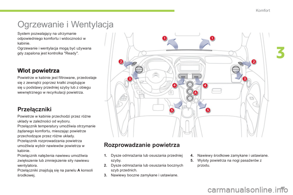 CITROEN C-ZERO 2012  Instrukcja obsługi (in Polish) 3
Komfor t
47
   
 
 
 
 
 
 
 
Ogrzewanie i Wentylacja 
 
Powietrze w kabinie jest filtrowane, przedostaje się z zewnątrz poprzez kratki znajdujące się u podstawy przedniej szyby lub z obiegu 
we