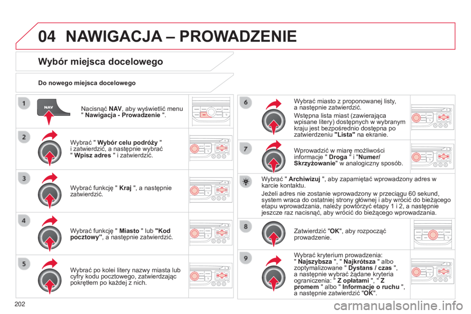 CITROEN C3 2015  Instrukcja obsługi (in Polish) 04
202
c3_pl_chap13b_rt6-2-8_ed01-2014
nacisnąć N AV, aby wyświetlić menu 
" Nawigacja - Prowadzenie ".
Do nowego miejsca docelowego
Wybór miejsca docelowego
Wybrać " Wybór celu pod