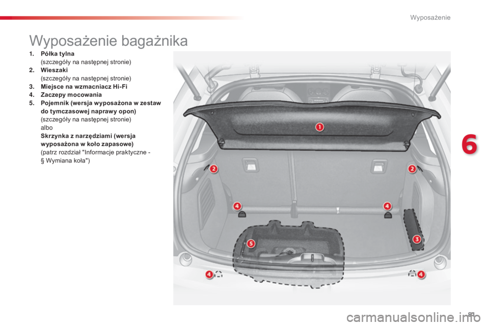 CITROEN C3 2015  Instrukcja obsługi (in Polish) 81
c3_pl_ chap06_ amenagement_ed01-2014
Wyposażenie bagażnika
1. Półka tylna (
szczegóły na następnej stronie)
2.
 W

ieszaki
 (

szczegóły na następnej stronie)
3.
 M

iejsce na wzmacniacz 