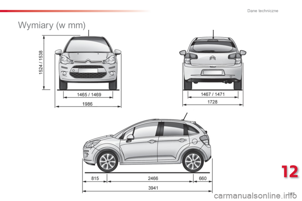 CITROEN C3 2014 Instrukcja obsługi (in Polish) 12
Dane techniczne
193
Wymiary (w mm) CITROEN C3 2014 Instrukcja obsługi (in Polish) 12
Dane techniczne
193
Wymiary (w mm)