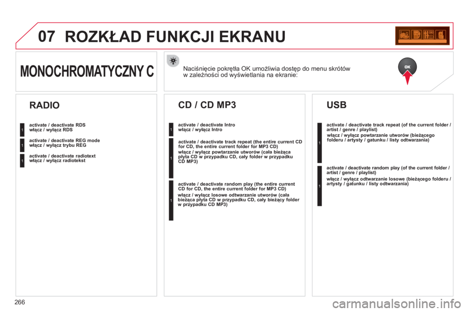 CITROEN C3 2014 Instrukcja obsługi (in Polish) 07
266
ROZKŁAD FUNKCJI EKRANU
Naciśnięcie pokrętła OK umożliwia dostęp do menu skrótów
w zależności od wyświetlania na ekranie: MONOCHROMATYCZNY C
włącz / wyłącz RDS
włą CITROEN C3 2014 Instrukcja obsługi (in Polish) 07
266
ROZKŁAD FUNKCJI EKRANU
Naciśnięcie pokrętła OK umożliwia dostęp do menu skrótów
w zależności od wyświetlania na ekranie: MONOCHROMATYCZNY C
włącz / wyłącz RDS
włą