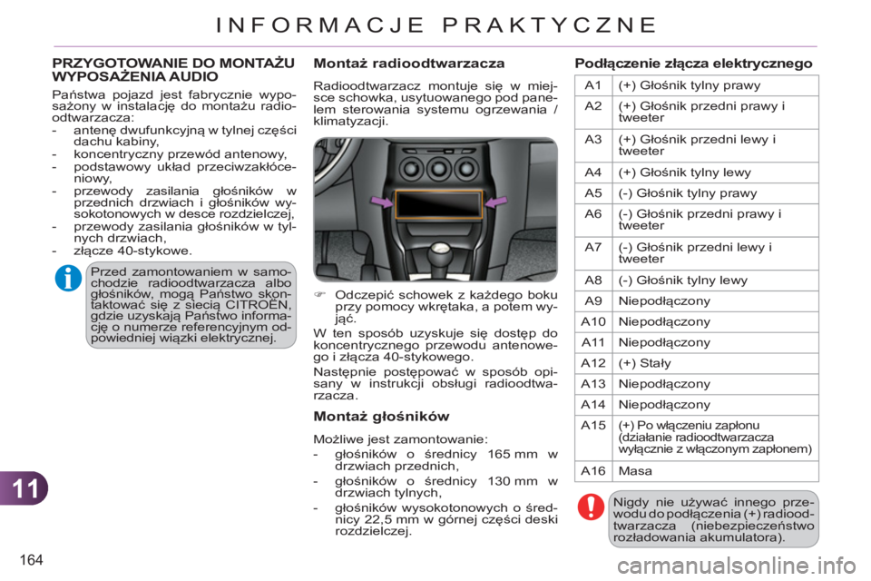 CITROEN C3 2013  Instrukcja obsługi (in Polish) 11
164
INFORMACJE PRAKTYCZNE
PRZYGOTOWANIE DO MONTAŻU 
WYPOSAŻENIA AUDIO 
 
Państwa pojazd jest fabrycznie wypo-
sażony w instalację do montażu radio-
odtwarzacza: 
   
 
-  antenę dwufunkcyjn