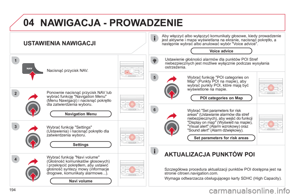 CITROEN C3 2013  Instrukcja obsługi (in Polish) 194
04
5
6
3 2 1
4
   
USTAWIENIA NAWIGACJI 
 
 
Wybrać "Set parameters for risk
areas" (Ustawianie alarmów dla stref niebezpiecznych), aby wejść do funkcji"Display on map" (Wyświetl na mapie),"V