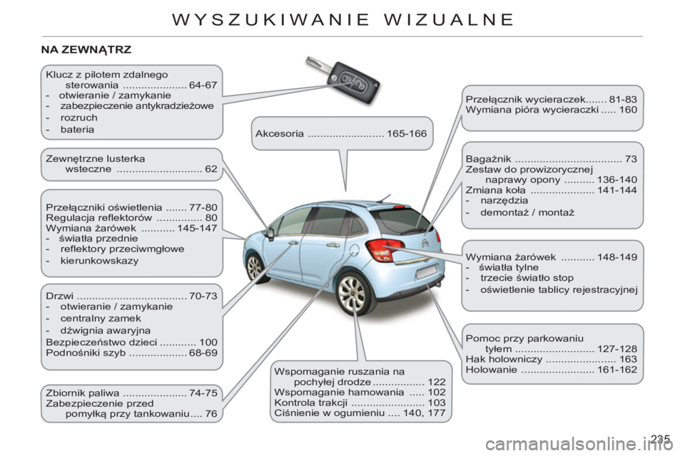CITROEN C3 2013 Instrukcja obsługi (in Polish) 235
WYSZUKIWANIE WIZUALNE
Klucz z pilotem zdalnego
sterowania ..................... 64-67
- otwieranie / zamykanie
- zabezpieczenie antykradzieżowe
- rozruch
- bateria CITROEN C3 2013 Instrukcja obsługi (in Polish) 235
WYSZUKIWANIE WIZUALNE
Klucz z pilotem zdalnego
sterowania ..................... 64-67
- otwieranie / zamykanie
- zabezpieczenie antykradzieżowe
- rozruch
- bateria