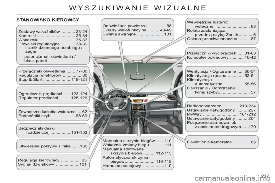 CITROEN C3 2013 Instrukcja obsługi (in Polish) 237
WYSZUKIWANIE WIZUALNE
Zestawy wskaźników ........... 23-24
Kontrolki ............................... 25-34
Wskaźniki ............................ 35-37
Przyciski regulacyjne .. CITROEN C3 2013 Instrukcja obsługi (in Polish) 237
WYSZUKIWANIE WIZUALNE
Zestawy wskaźników ........... 23-24
Kontrolki ............................... 25-34
Wskaźniki ............................ 35-37
Przyciski regulacyjne ..