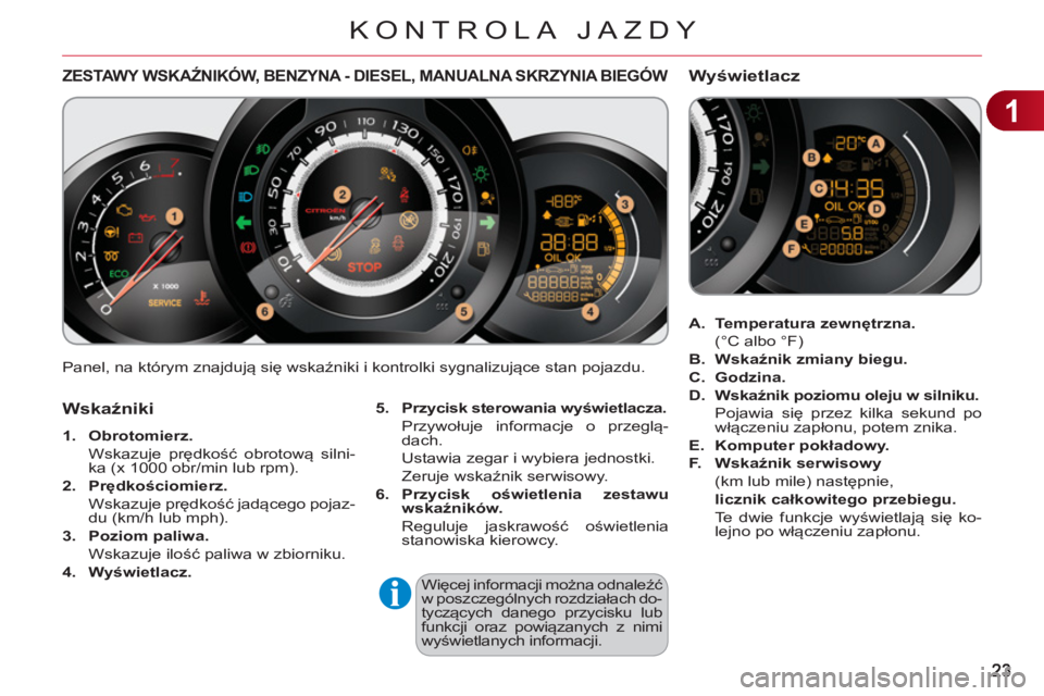 CITROEN C3 2013 Instrukcja obsługi (in Polish) 1
KONTROLA JAZDY
Panel, na którym znajdują się wskaźniki i kontrolki sygnalizujące stan pojazdu.
ZESTAWY WSKAŹNIKÓW, BENZYNA - DIESEL, MANUALNA SKRZYNIA BIEGÓW
5.
Przycisk sterowania CITROEN C3 2013 Instrukcja obsługi (in Polish) 1
KONTROLA JAZDY
Panel, na którym znajdują się wskaźniki i kontrolki sygnalizujące stan pojazdu.
ZESTAWY WSKAŹNIKÓW, BENZYNA - DIESEL, MANUALNA SKRZYNIA BIEGÓW
5.
Przycisk sterowania