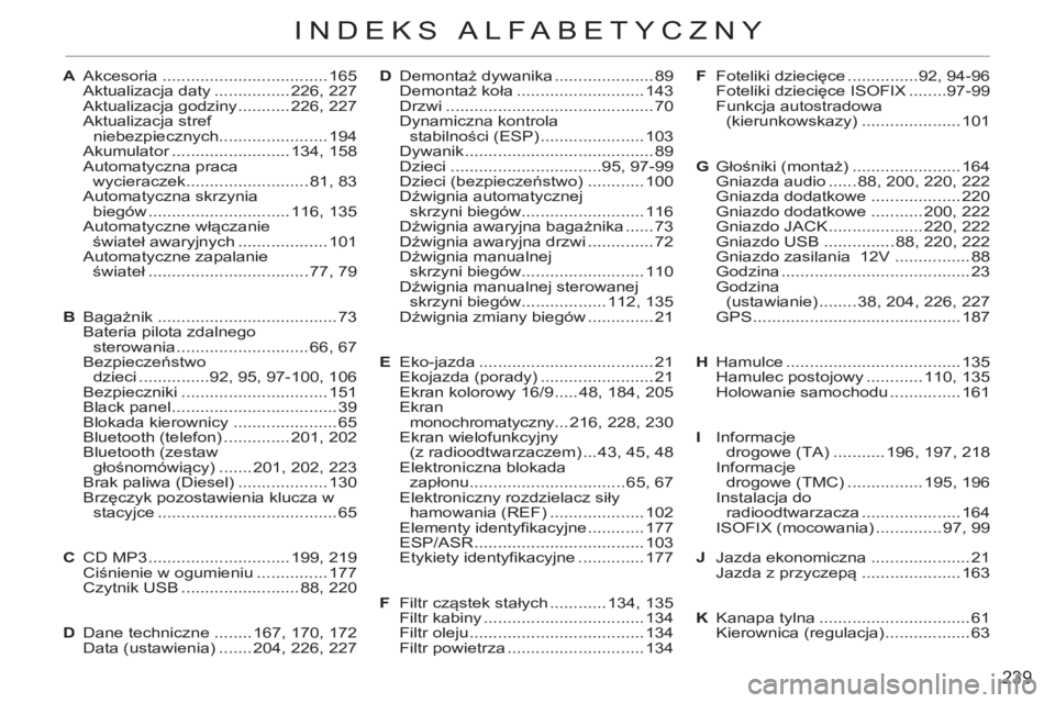 CITROEN C3 2013 Instrukcja obsługi (in Polish) 239
INDEKS ALFABETYCZNY
A Akcesoria ................................... 165
Aktualizacja daty ................ 226, 227
Aktualizacja godziny ........... 226, 227
Aktualizacja stref
niebezpieczny CITROEN C3 2013 Instrukcja obsługi (in Polish) 239
INDEKS ALFABETYCZNY
A Akcesoria ................................... 165
Aktualizacja daty ................ 226, 227
Aktualizacja godziny ........... 226, 227
Aktualizacja stref
niebezpieczny