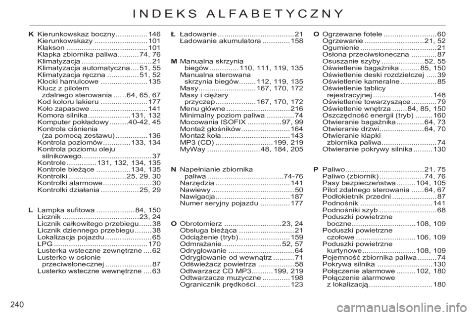 CITROEN C3 2013 Instrukcja obsługi (in Polish) 240
INDEKS ALFABETYCZNY
Ł Ładowanie .................................... 21
Ładowanie akumulatora ............. 158
M Manualna skrzynia
biegów .............. 110, 111, 119, 135
Manualna sterowa CITROEN C3 2013 Instrukcja obsługi (in Polish) 240
INDEKS ALFABETYCZNY
Ł Ładowanie .................................... 21
Ładowanie akumulatora ............. 158
M Manualna skrzynia
biegów .............. 110, 111, 119, 135
Manualna sterowa